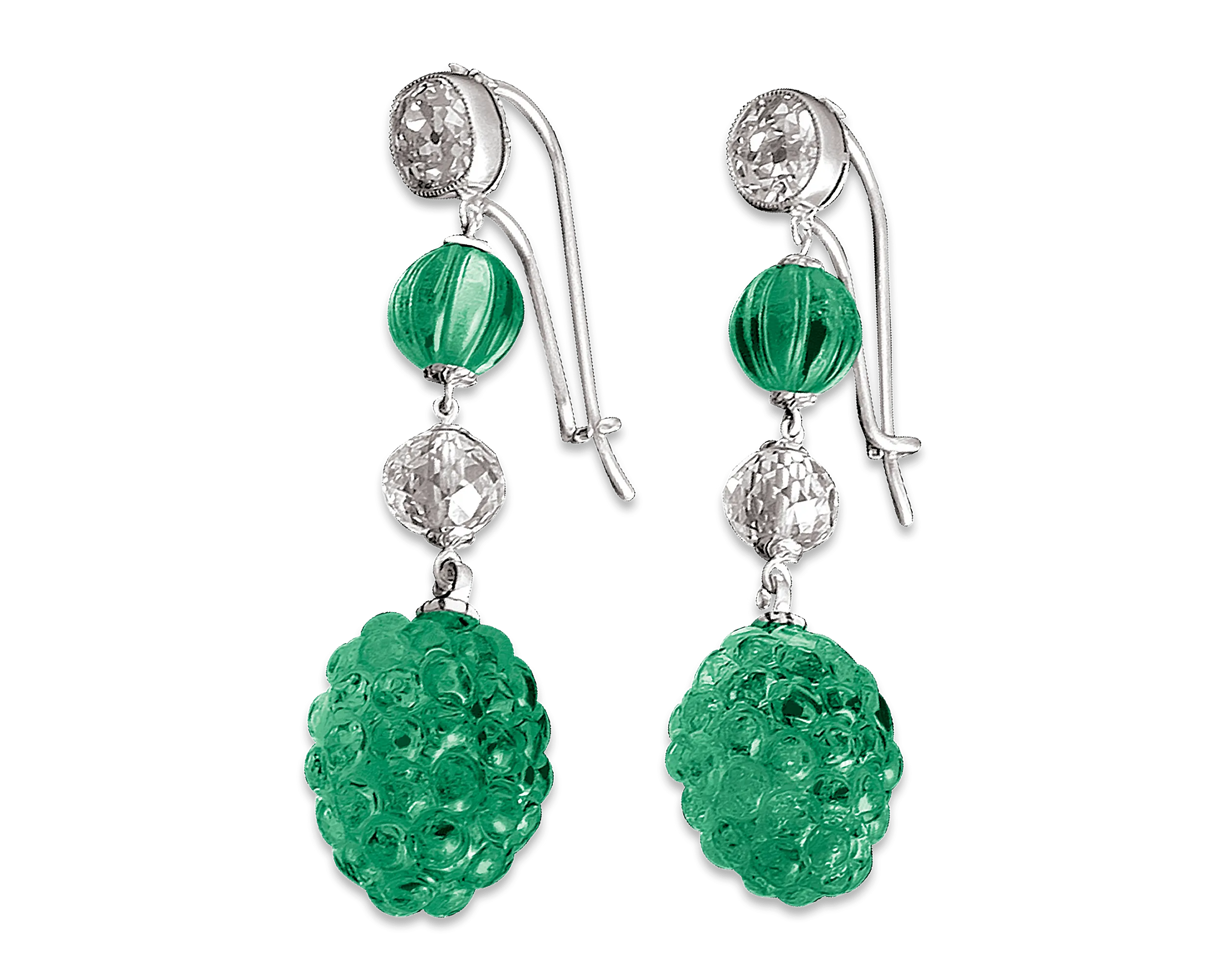 Carved Colombian Emerald & Diamond Earrings, 19.17 Carats