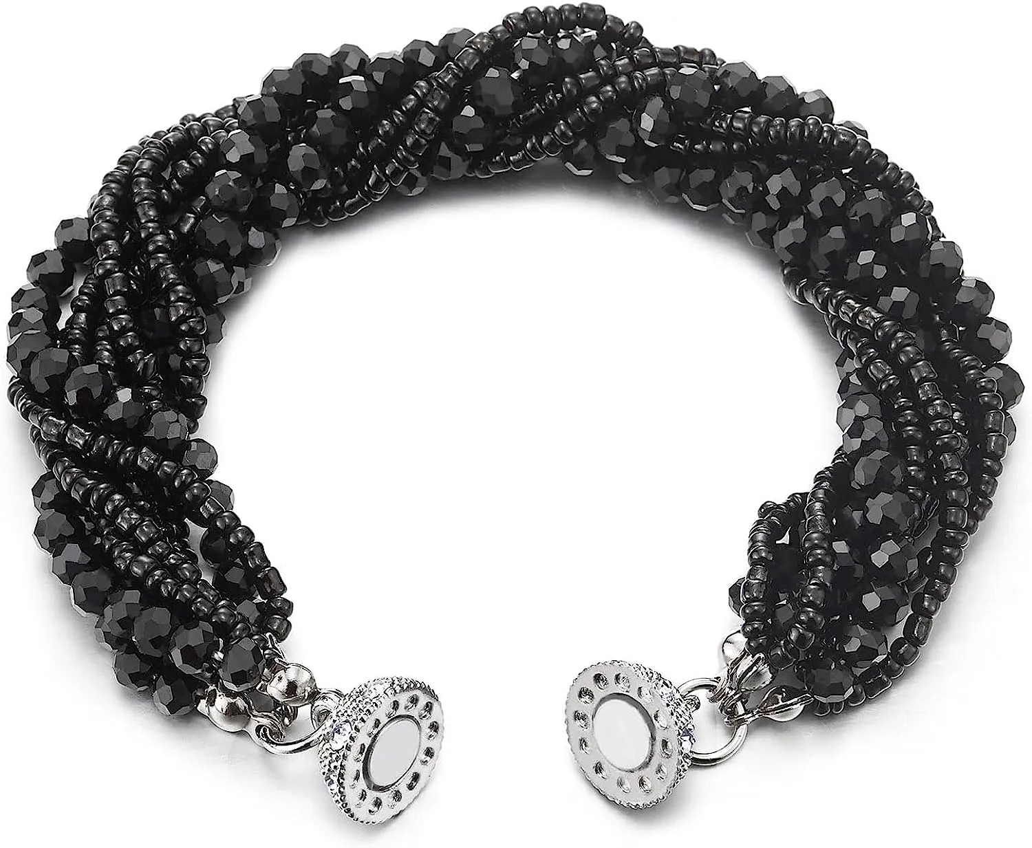 COOLSTEELANDBEYOND Black Crystal Beaded Strand Bracelet with Rhinestone Ball Charm Magnetic Clasp