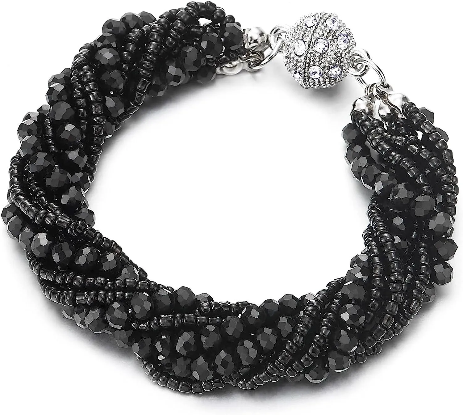 COOLSTEELANDBEYOND Black Crystal Beaded Strand Bracelet with Rhinestone Ball Charm Magnetic Clasp