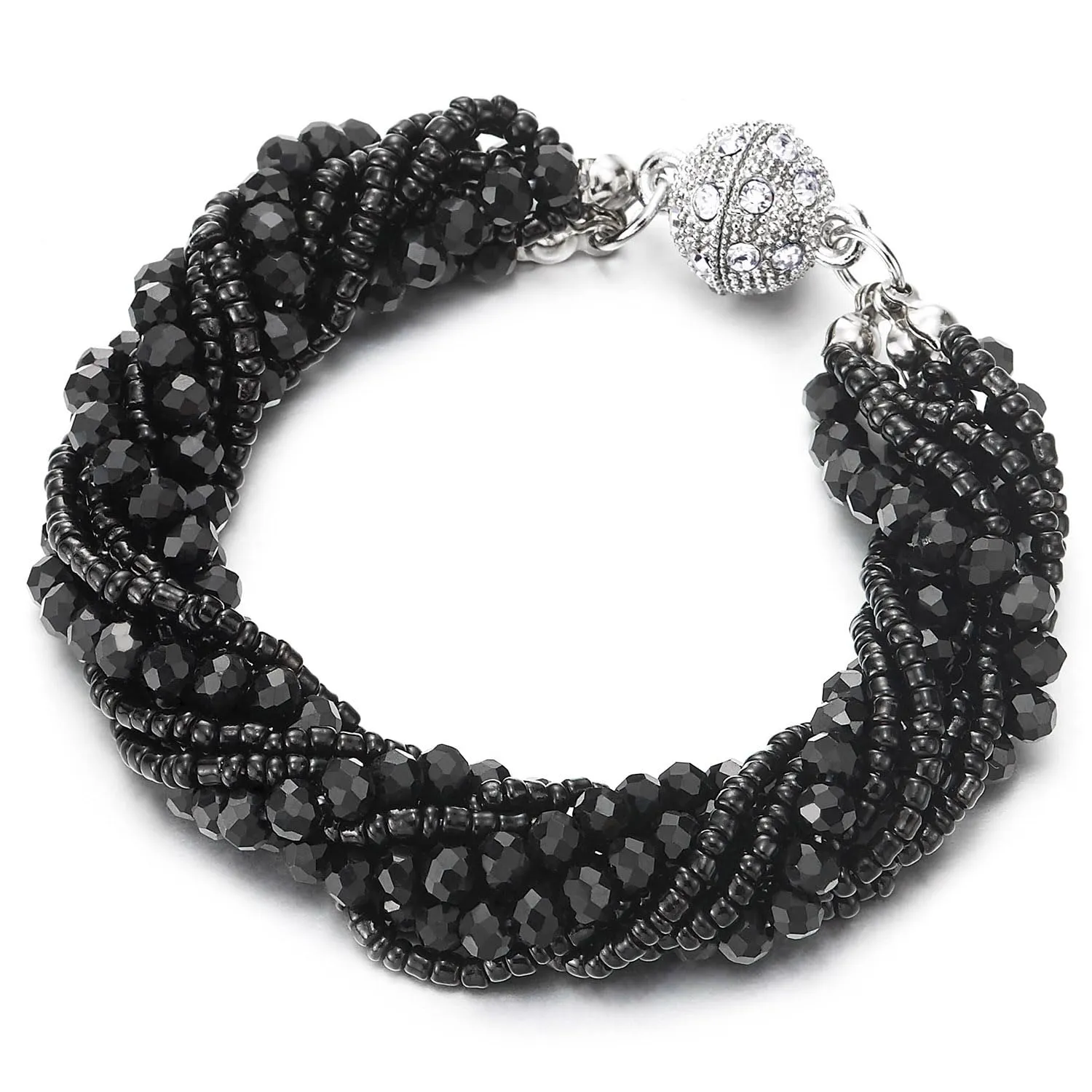 COOLSTEELANDBEYOND Black Crystal Beaded Strand Bracelet with Rhinestone Ball Charm Magnetic Clasp