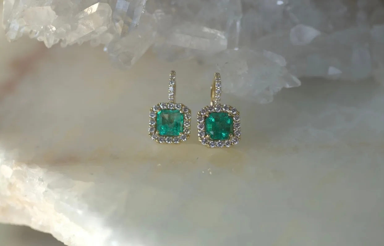 Cushion Cut Colombian Emerald with Diamond Halo Drop Earrings