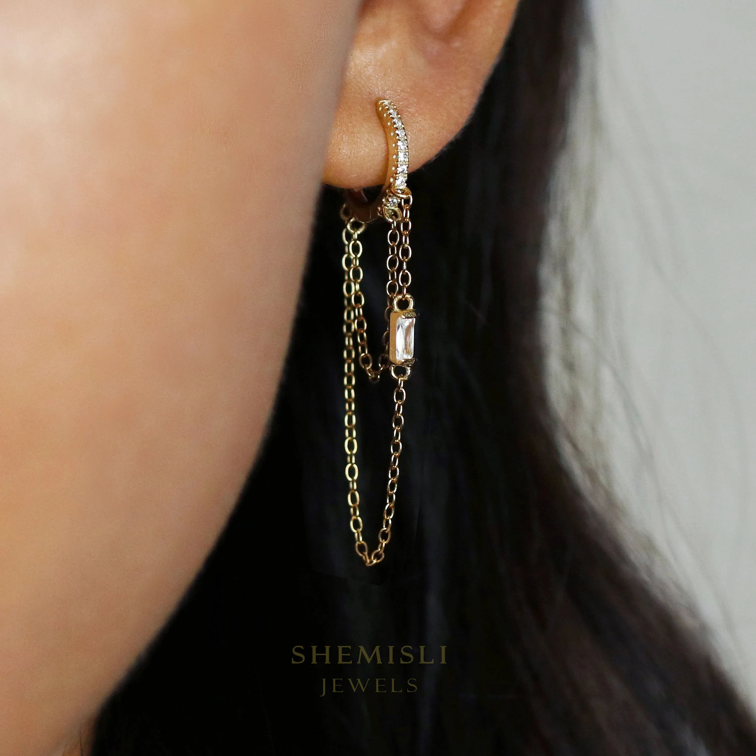 Dangle Chain Baguette CZ Hoop Earrings, White, Emerald, Turquoise, Sapphire, Black, Unisex, Gold, Silver SH119, SH359, SH360, SH361, SH362