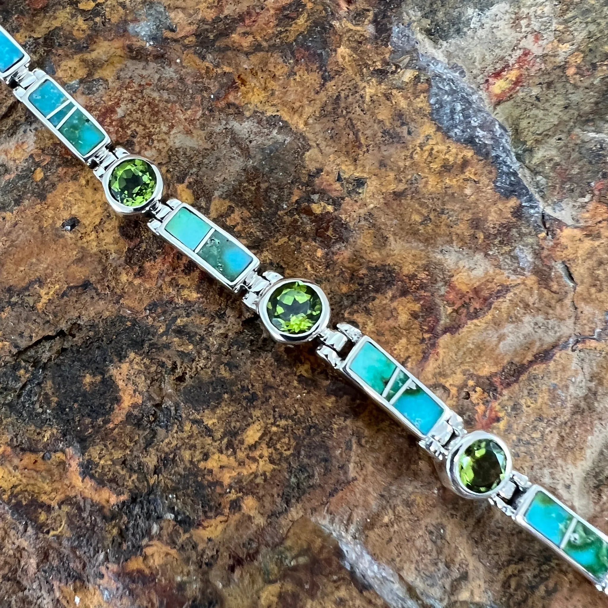 David Rosales Sonoran Gold Turquoise Inlaid Sterling Silver Link Bracelet w/ Peridot