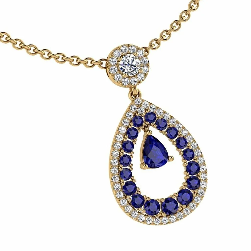 Diamond and Sapphire Pear Shaped Halo Pendant 18K Gold