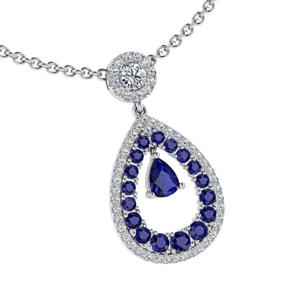 Diamond and Sapphire Pear Shaped Halo Pendant 18K Gold