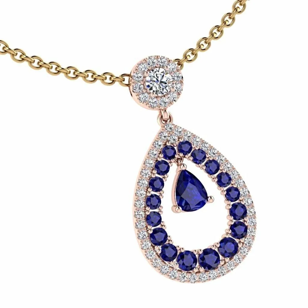 Diamond and Sapphire Pear Shaped Halo Pendant 18K Gold