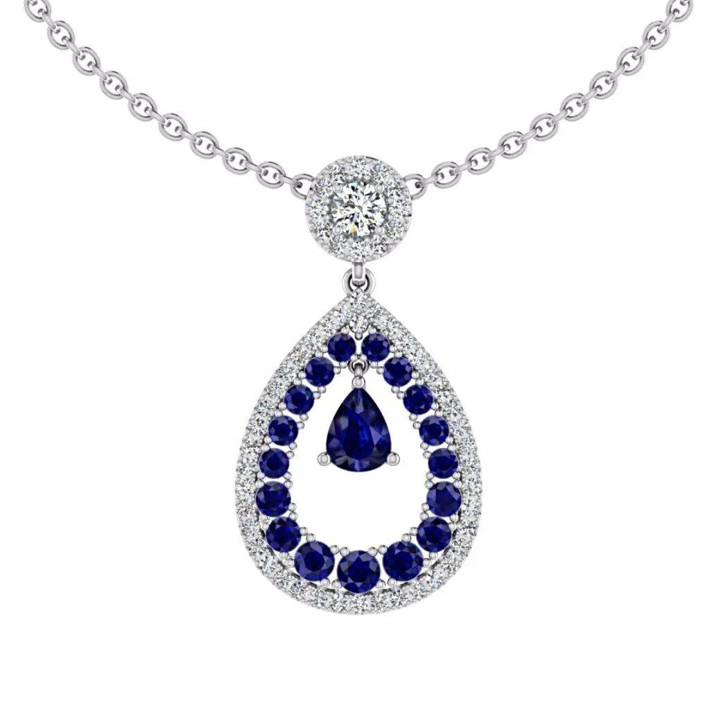 Diamond and Sapphire Pear Shaped Halo Pendant 18K Gold