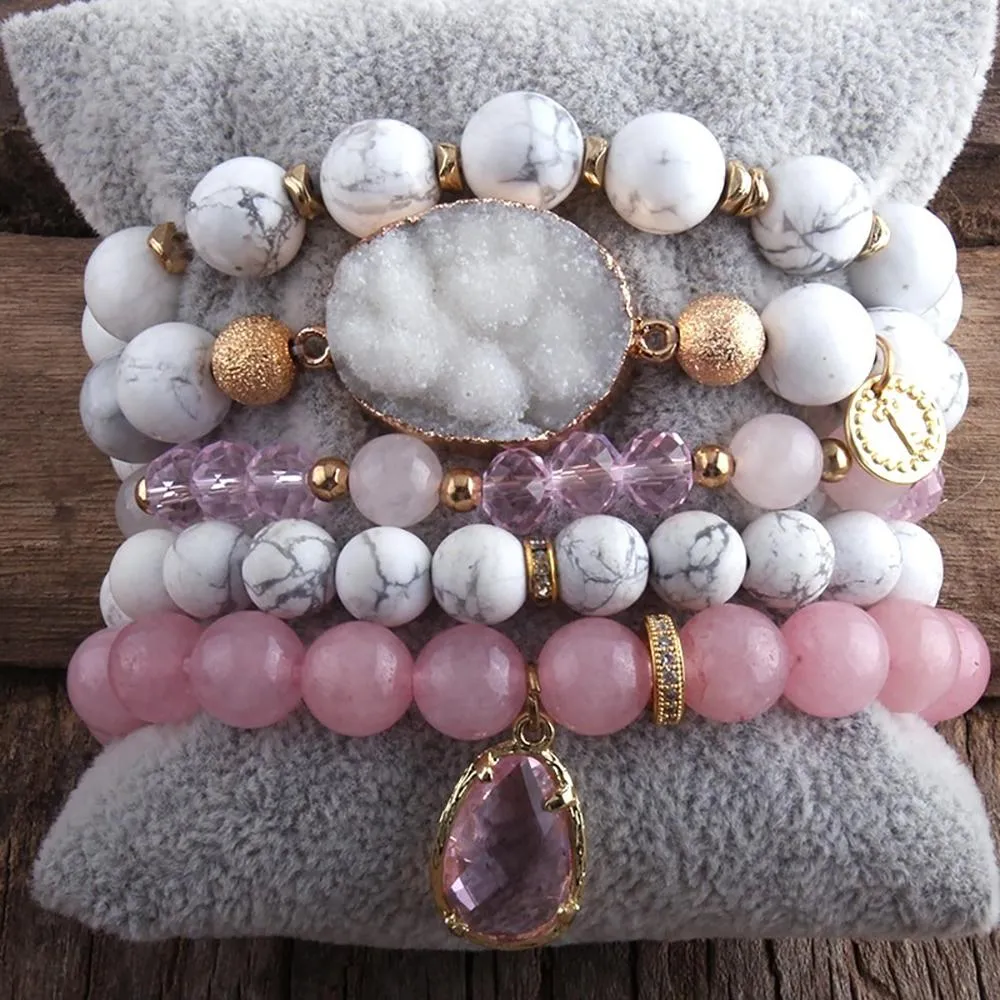 Enchanting 5pcs Multi Layer Semi-Precious Beaded Stone Bracelet Jewelry Set