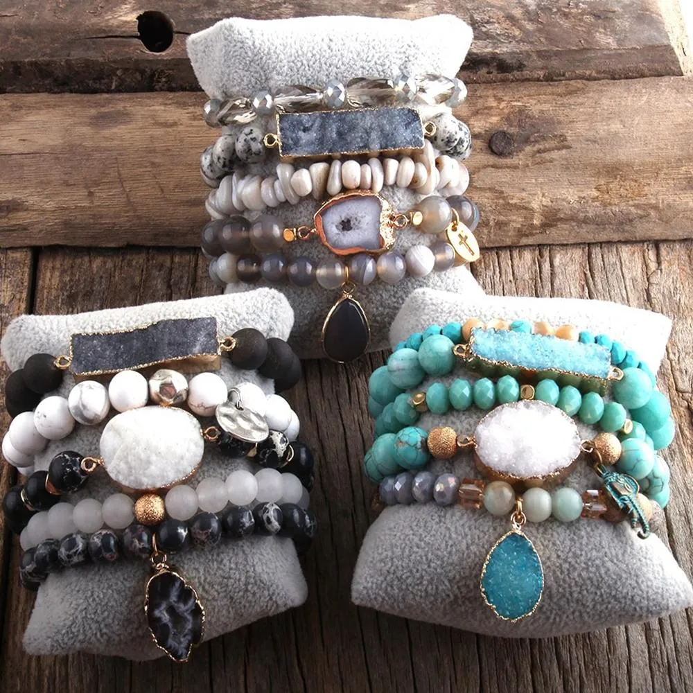 Enchanting 5pcs Multi Layer Semi-Precious Beaded Stone Bracelet Jewelry Set