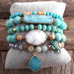 Enchanting 5pcs Multi Layer Semi-Precious Beaded Stone Bracelet Jewelry Set