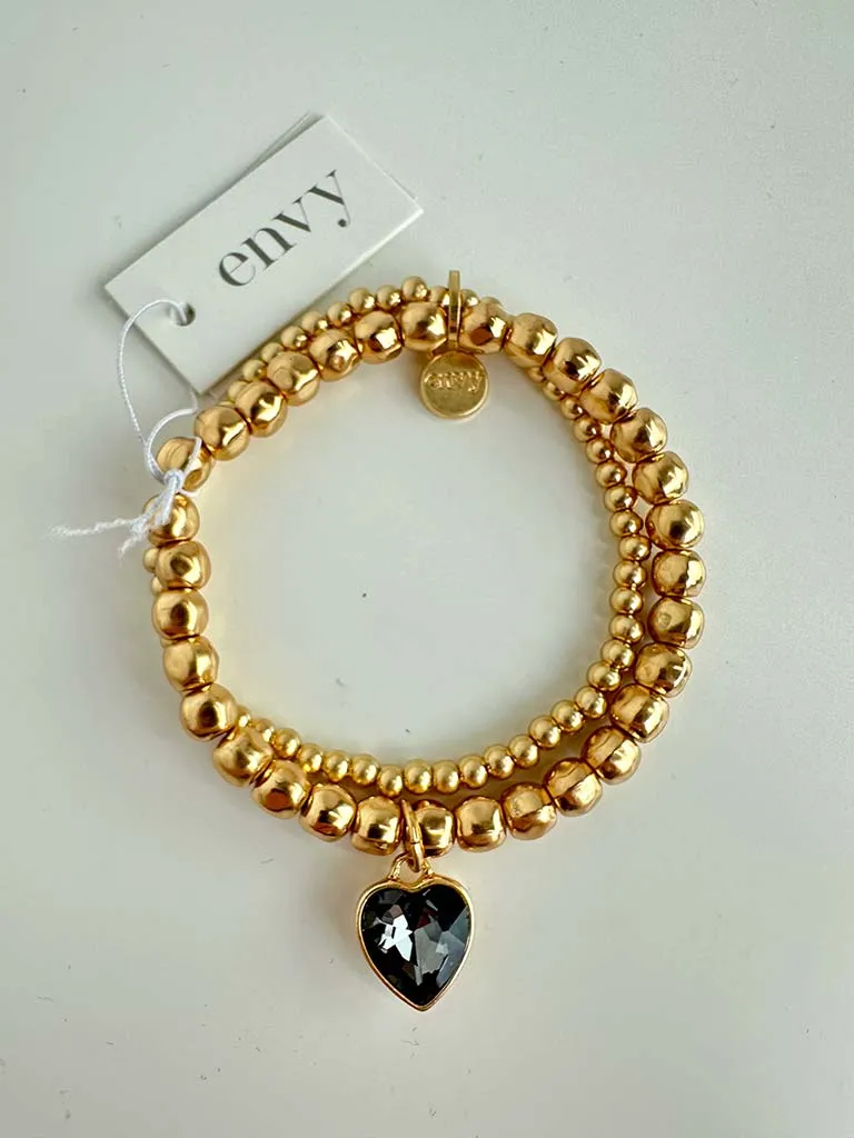 Envy Heart Charm Beaded Bracelet - Gold & Slate