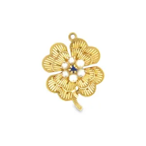 Estate Sapphire and Pearl Clover Pendant in 14K Yellow Gold