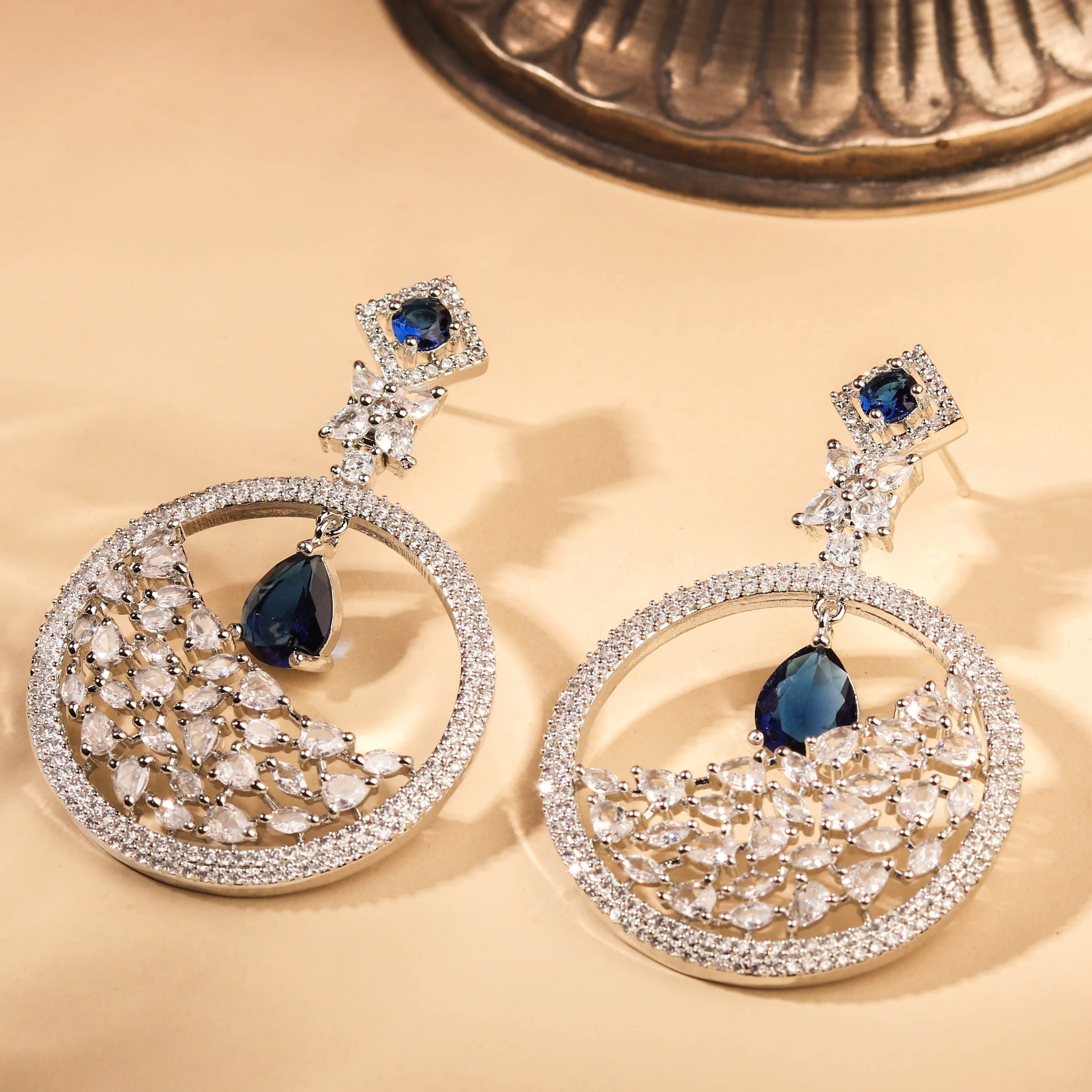 Exquisite Rhodium Plated Sapphire Blue and White Danglers For Women