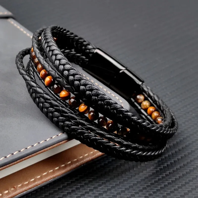 Fashion Men Bracelet Natural Yellow Tiger Eyes Beads Braided Leather Stainless Steel Magnetic Clasp Bracelets Male Jewelry Gift