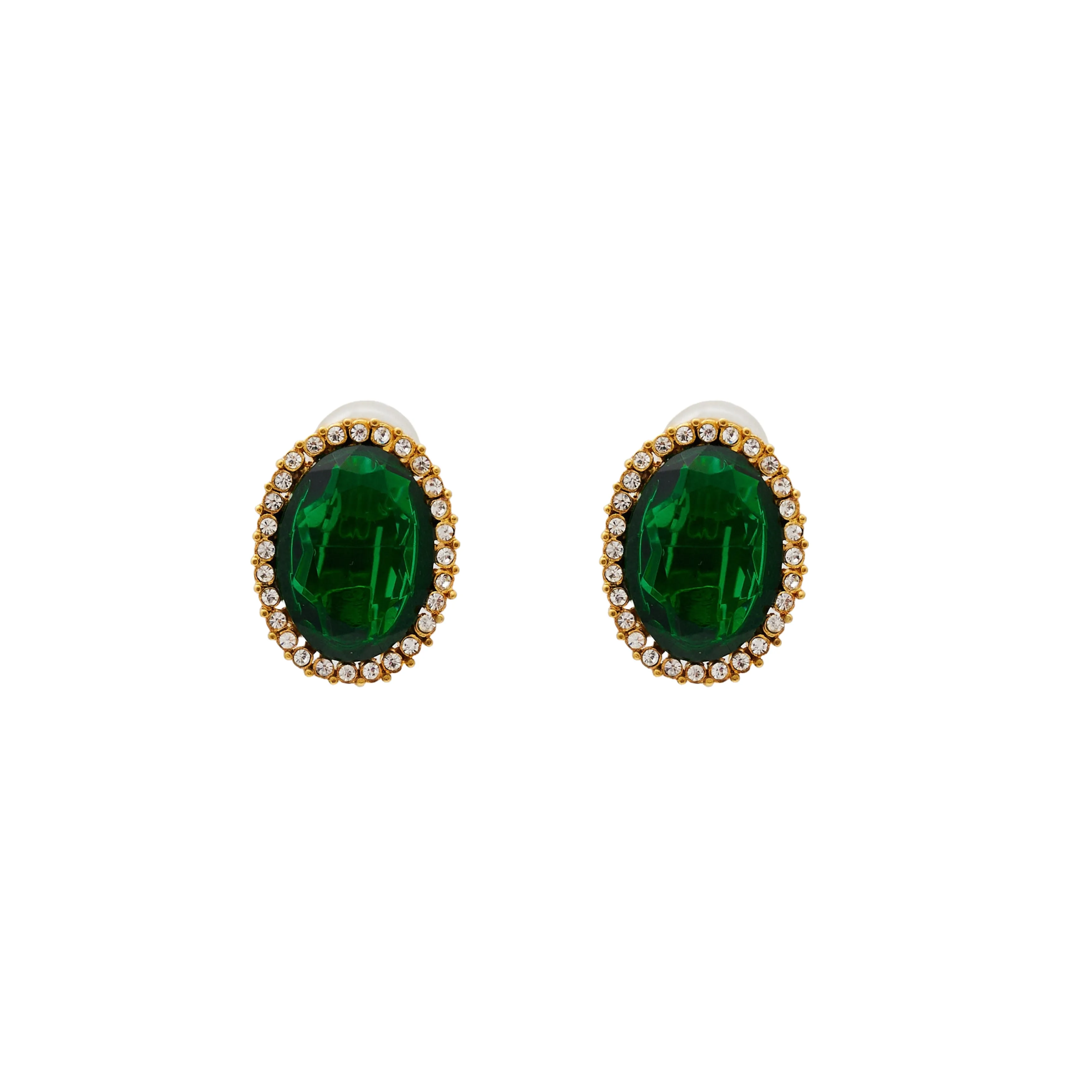 Gold & Crystal Oval Faceted Emerald Clip Earring