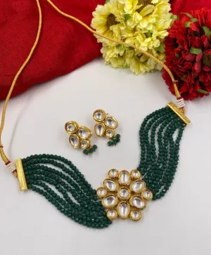 Gold Toned Studded Kundan Green Beads Choker Necklace Set