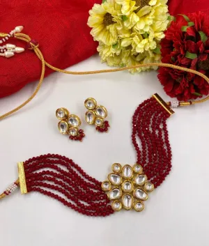 Gold Toned Studded Kundan Red Beads Choker Necklace Set