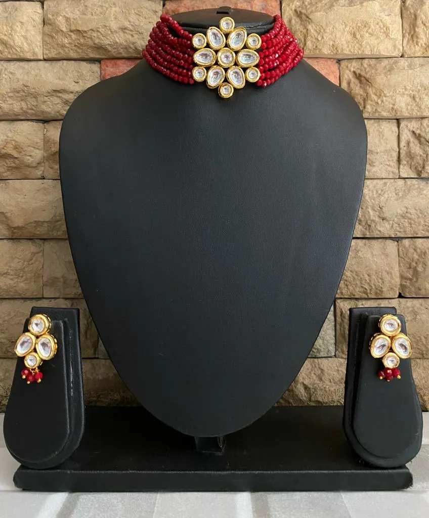 Gold Toned Studded Kundan Red Beads Choker Necklace Set