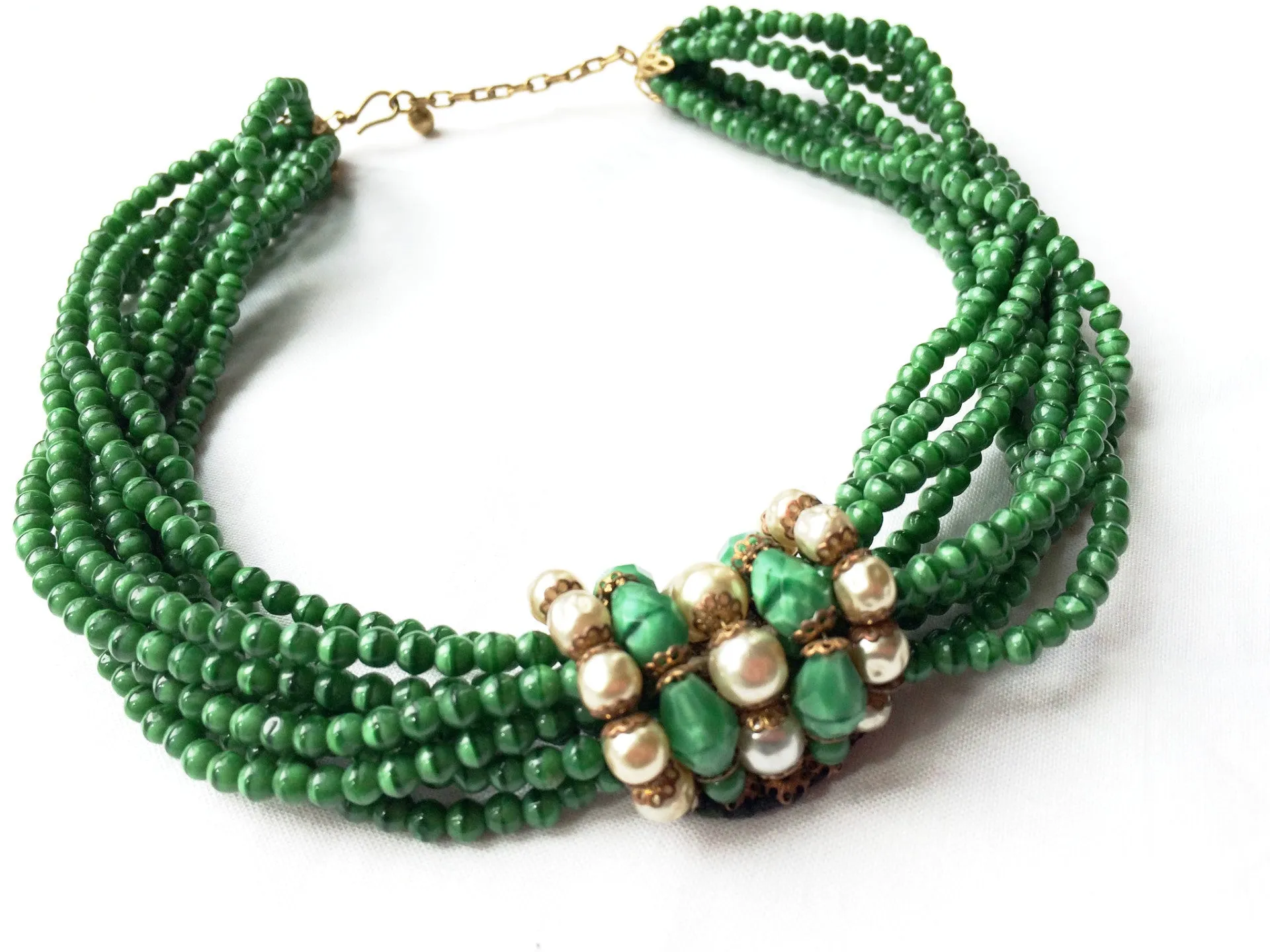 Green Glass Baroque Pearls Choker Necklace Vintage Jewelry