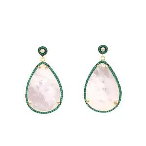 Hanging Pear Mother of Pearl and Emerald CZ Earrings