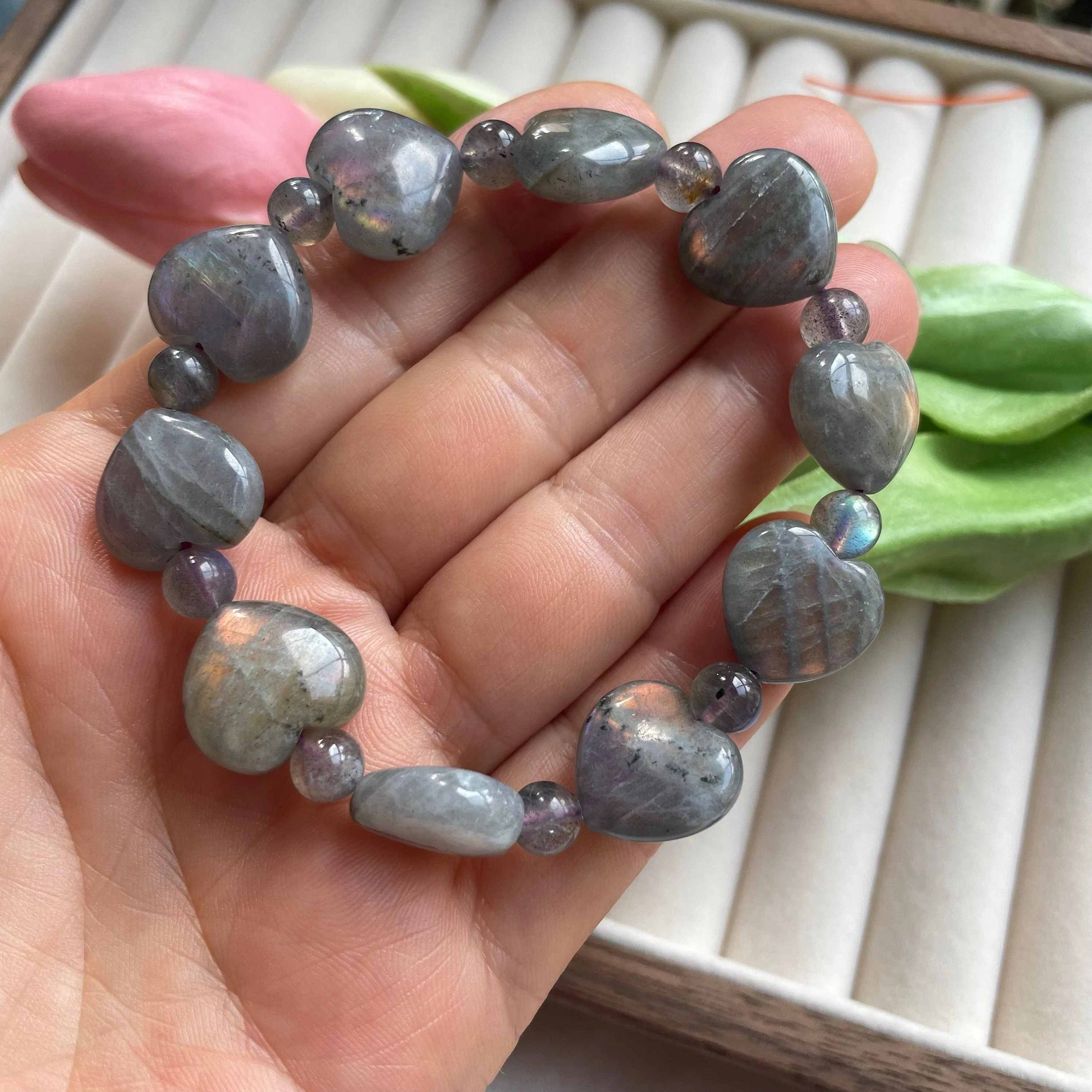 Heart Labradorite Shaped Crystal Bracelet | Natural Crystal Bracelet | Natural Stone Bead Bracelet | Healing Crystal Bracelet