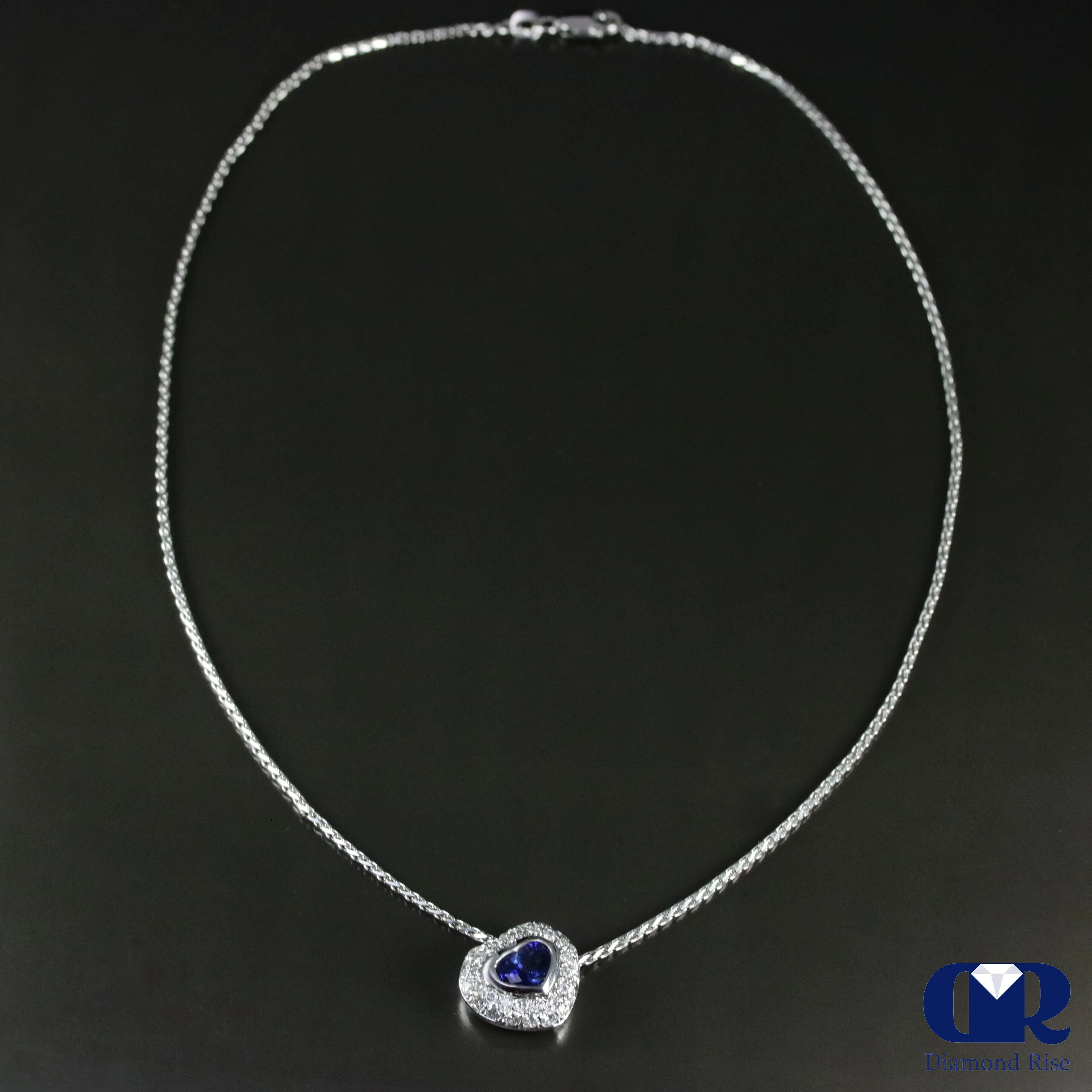 Heart Shaped Sapphire & Diamond Pendant Necklace In 14K White Gold