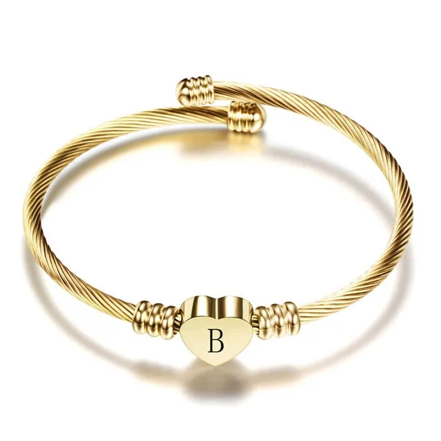 Initial Bracelets For Women with Letter in Gold Color Stainless Steel Heart