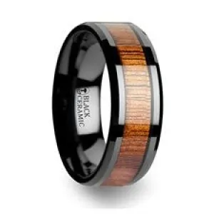 Koa Wood Inlaid Black Ceramic Ring