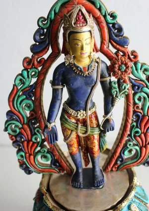 Lapis Padmapani Lokeswara Turquoise and Coral Inlaid Masterpiece Statue