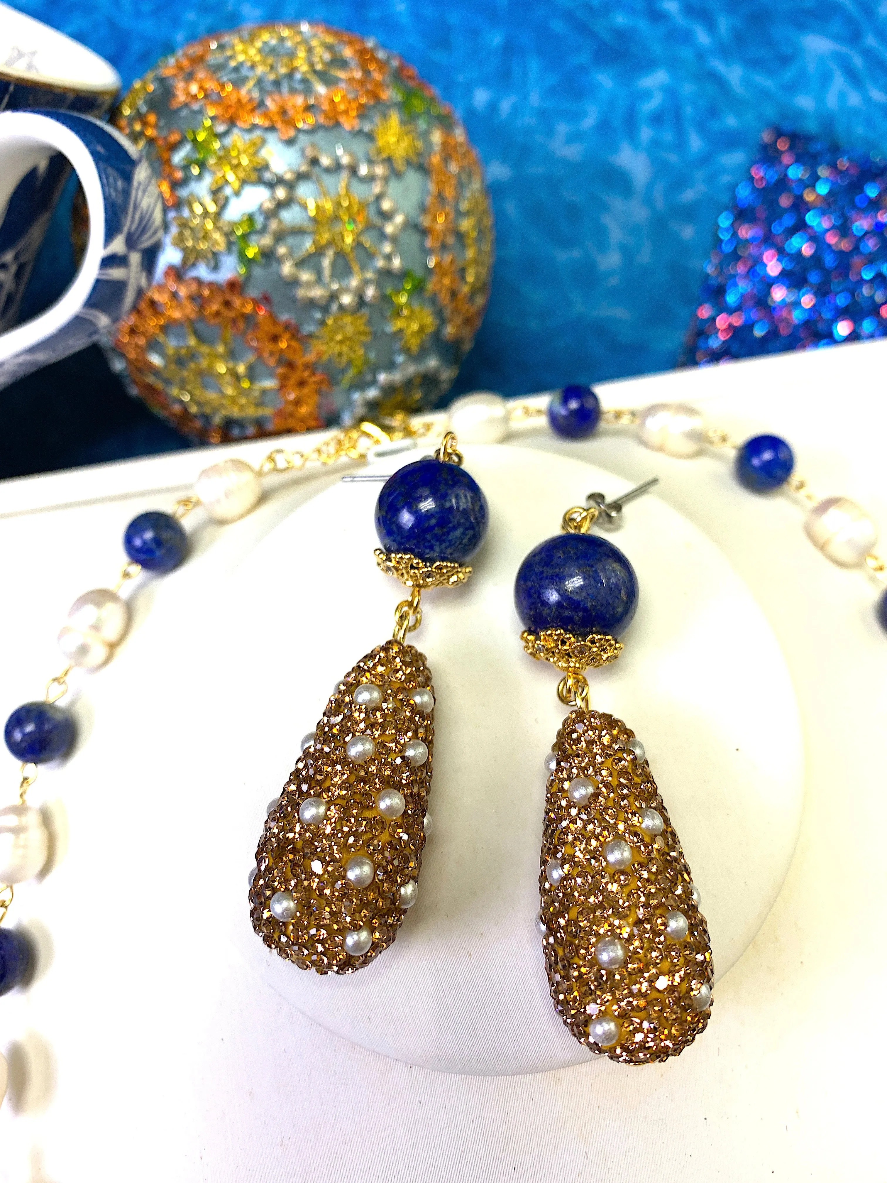 Lapis With Teardrop Rhinestones Sophisticated Dangle Earrings FE013