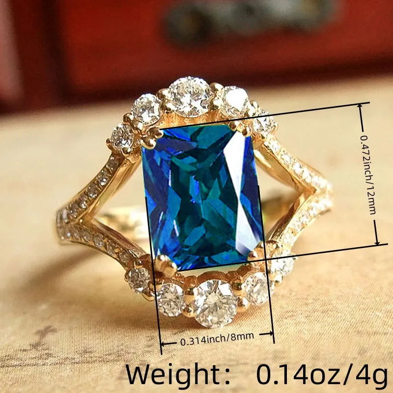 Large Rectangular Waterish Blue Zirconia 18k Gold Plated Ring