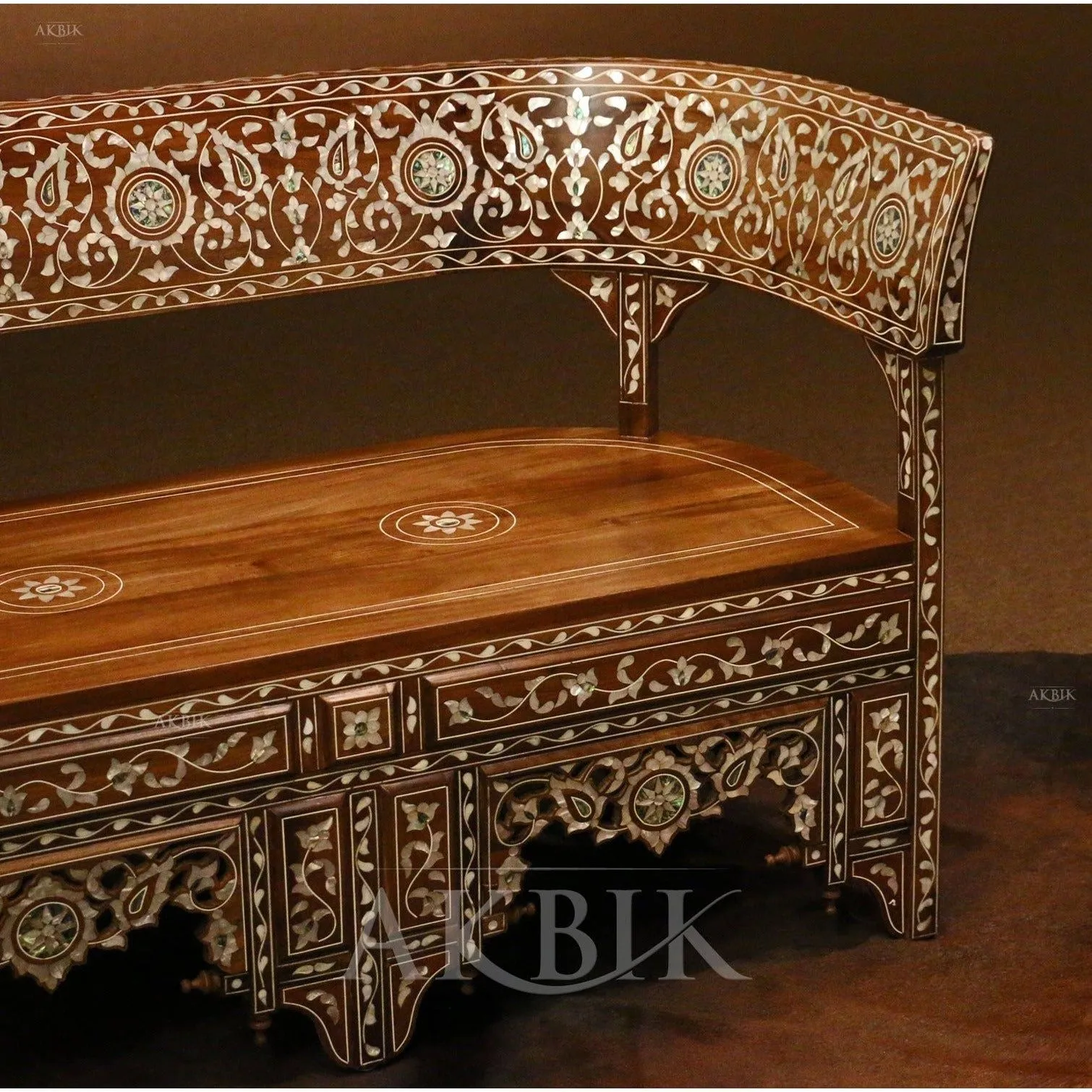 Majestic Floral Arabesque Mother of Pearl Inlaid Settee