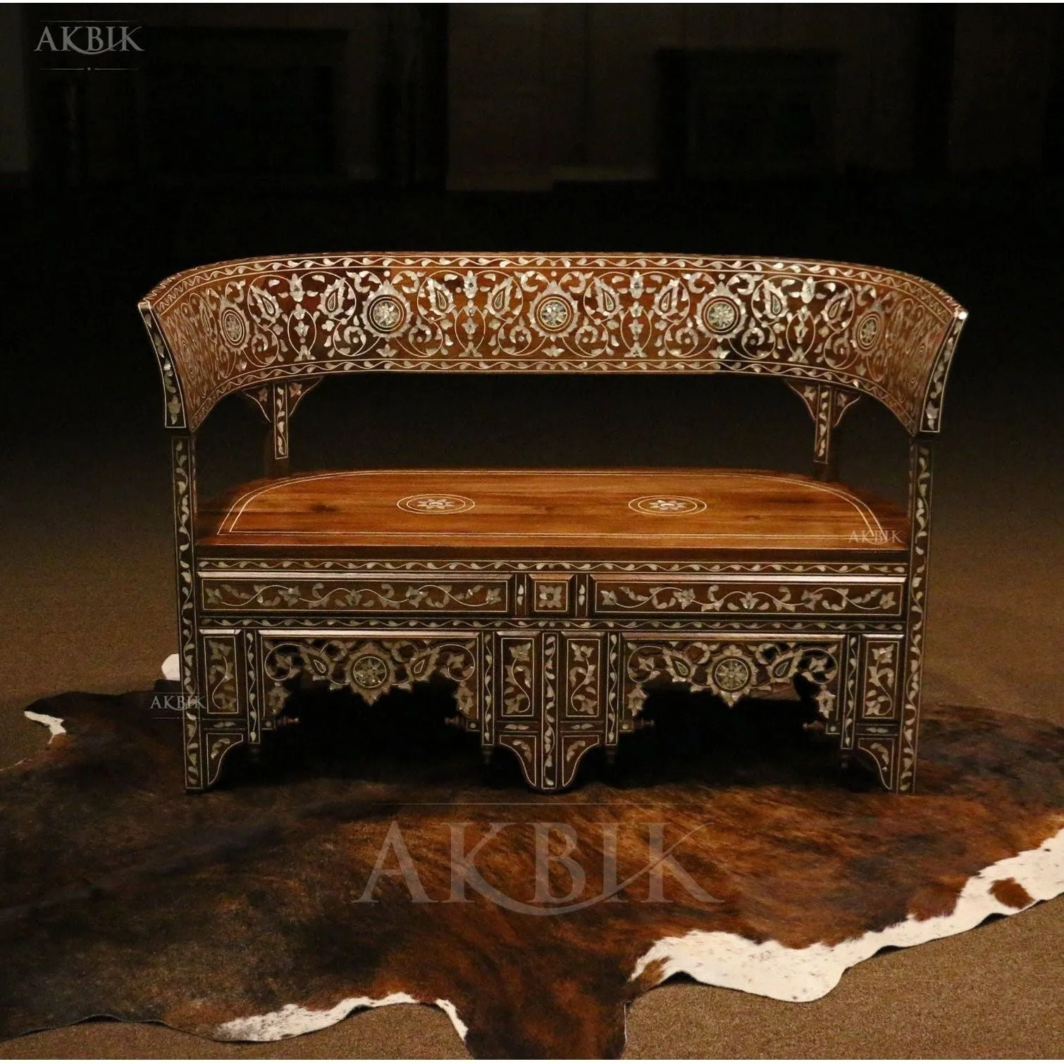 Majestic Floral Arabesque Mother of Pearl Inlaid Settee