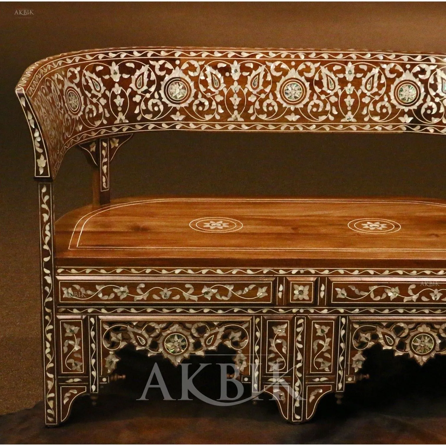 Majestic Floral Arabesque Mother of Pearl Inlaid Settee