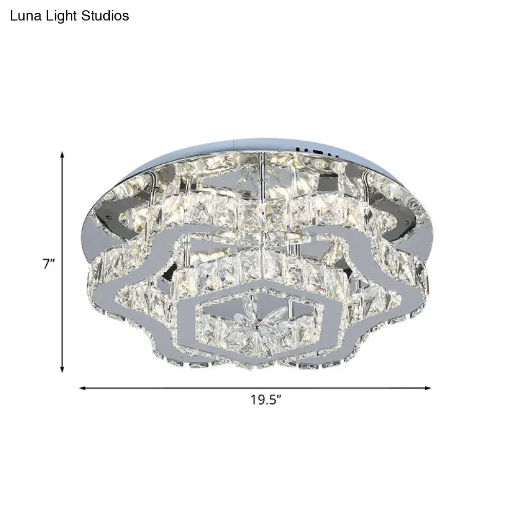 Modern Crystal LED Flush Light with Inlaid Stainless Steel Flower Design - Ideal for Living Room Ceiling Mount