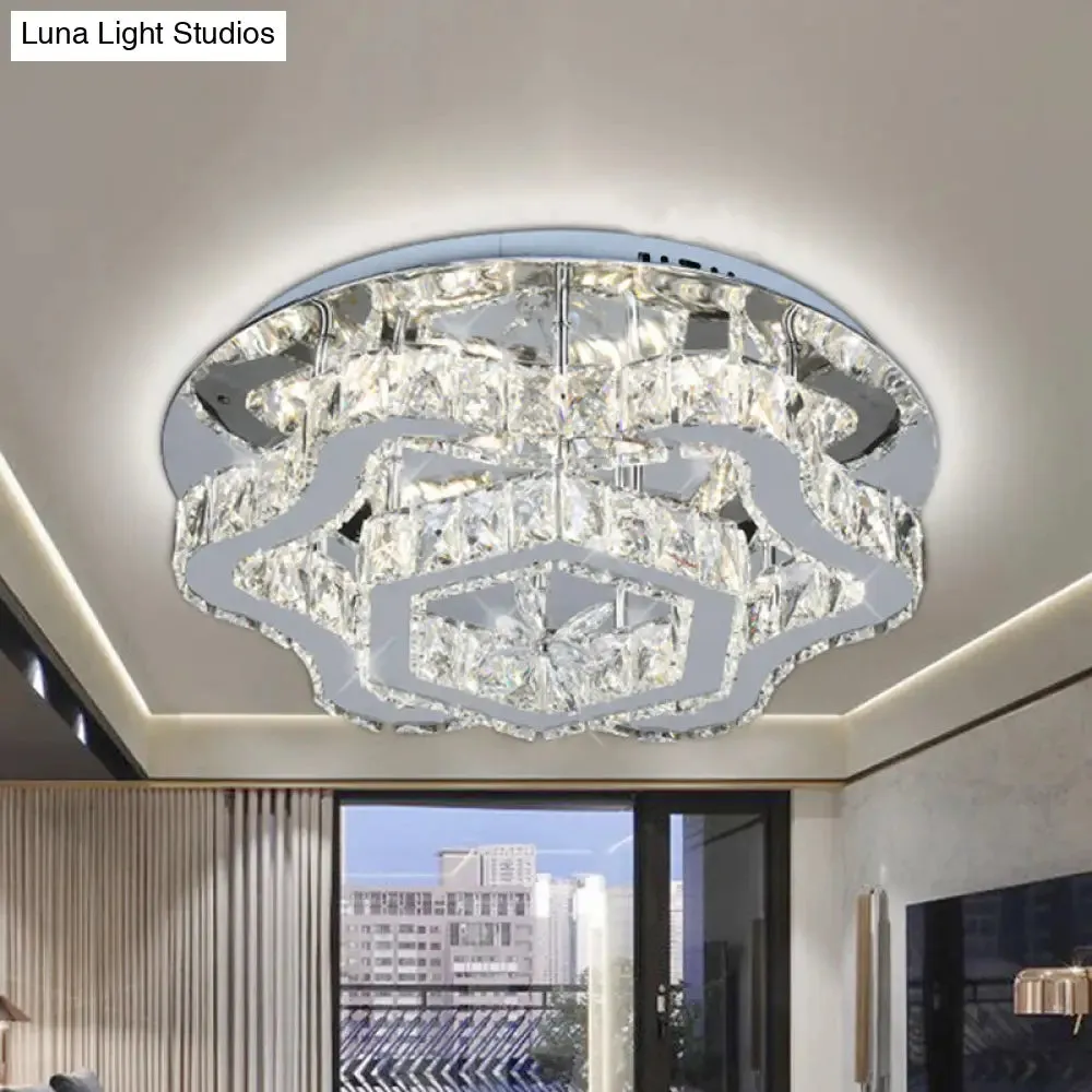 Modern Crystal LED Flush Light with Inlaid Stainless Steel Flower Design - Ideal for Living Room Ceiling Mount