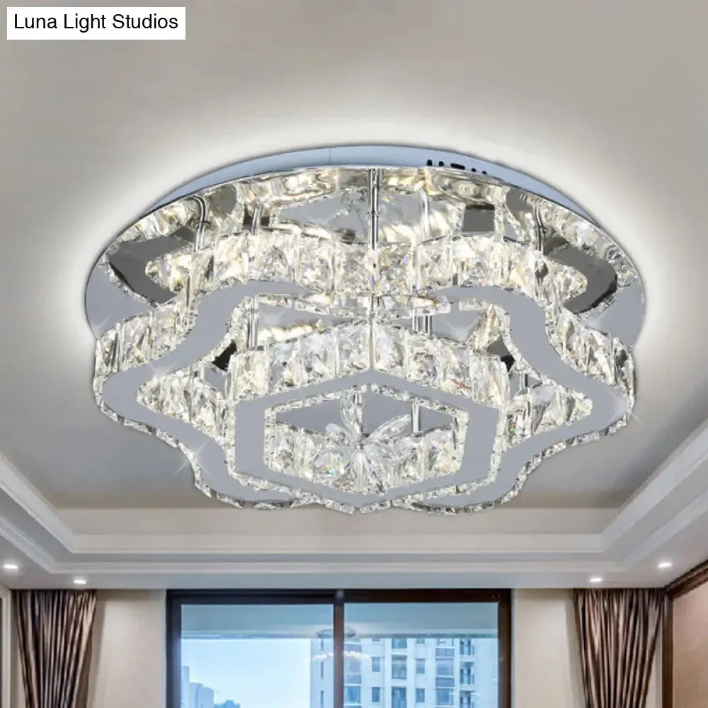 Modern Crystal LED Flush Light with Inlaid Stainless Steel Flower Design - Ideal for Living Room Ceiling Mount