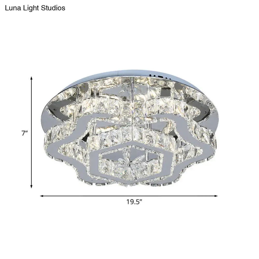 Modern Crystal LED Flush Light with Inlaid Stainless Steel Flower Design - Ideal for Living Room Ceiling Mount