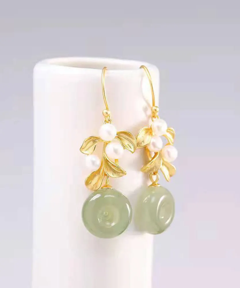 Modern White Sterling Silver Overgild Inlaid Pearl Jade Drop Earrings TW1013