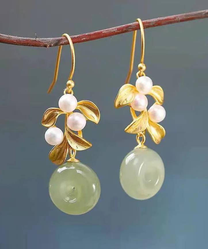 Modern White Sterling Silver Overgild Inlaid Pearl Jade Drop Earrings TW1013