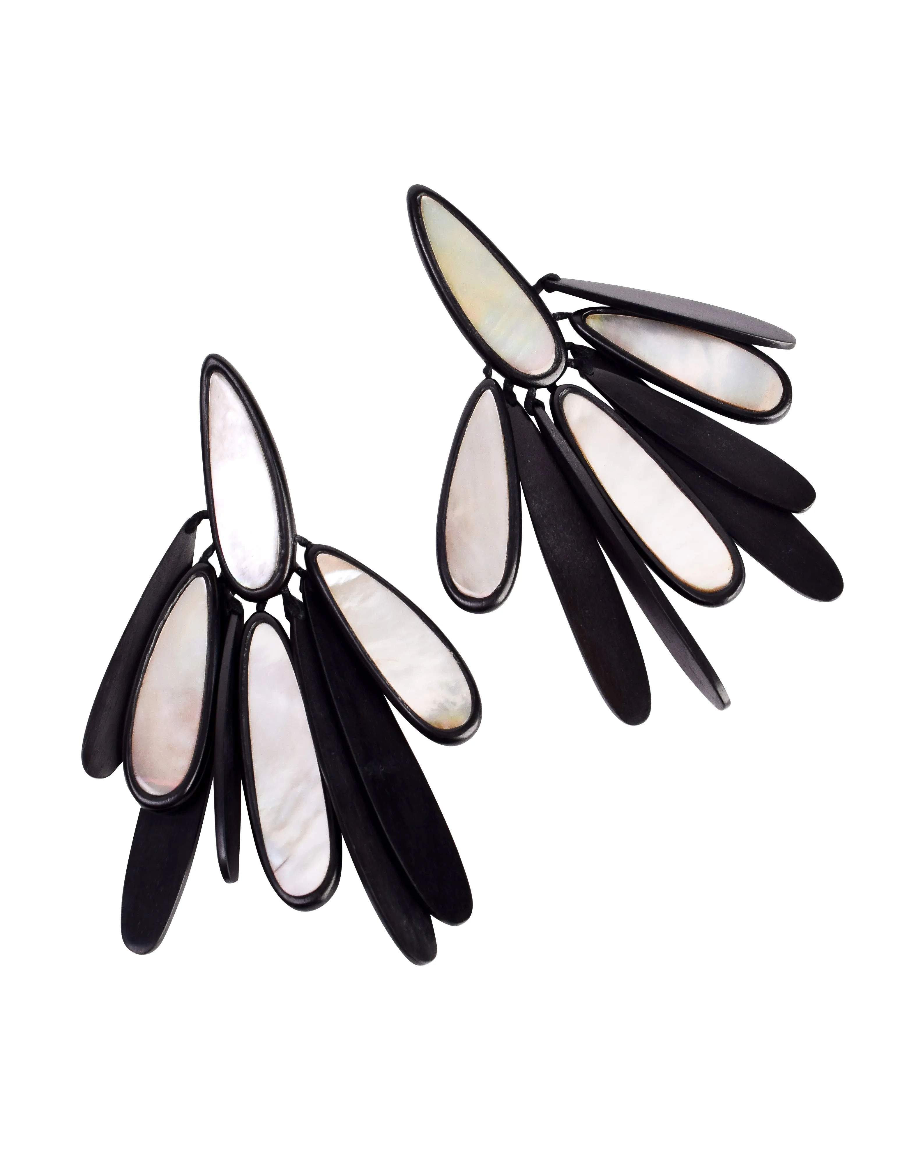 Monies Vintage Oversized Ebony and Mother of Pearl Teardrop Fringe Earrings