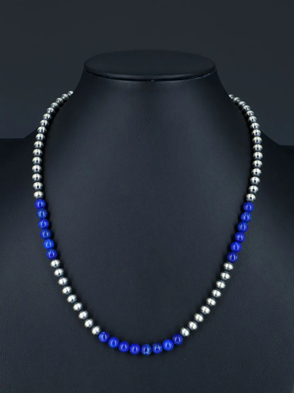 Native American Lapis and Silver Beaded Necklace