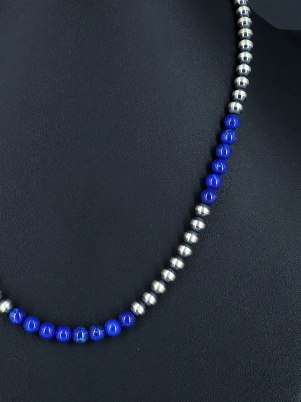 Native American Lapis and Silver Beaded Necklace