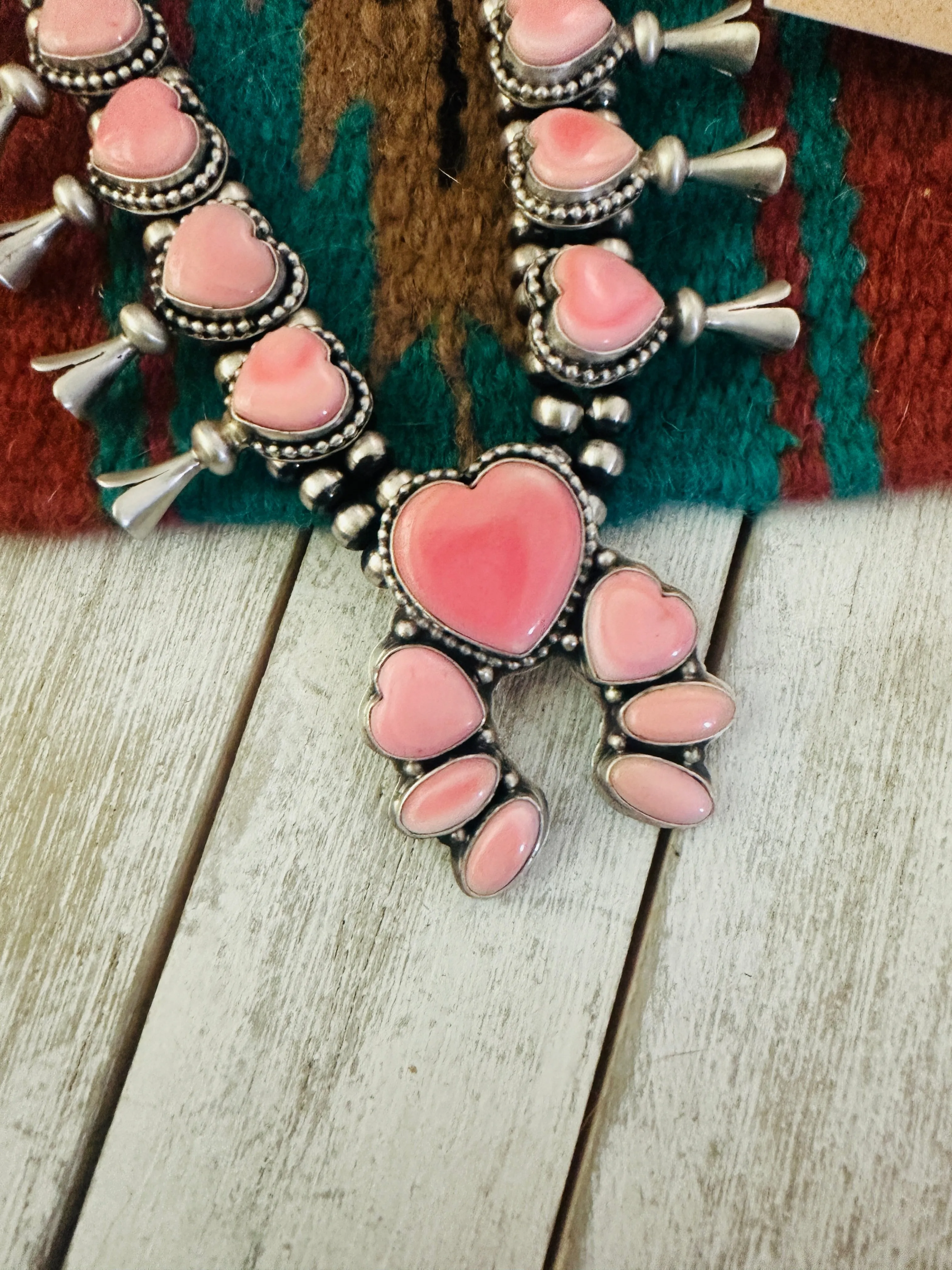 Navajo Sterling Silver & Queen Pink Conch Squash Blossom Necklace Set