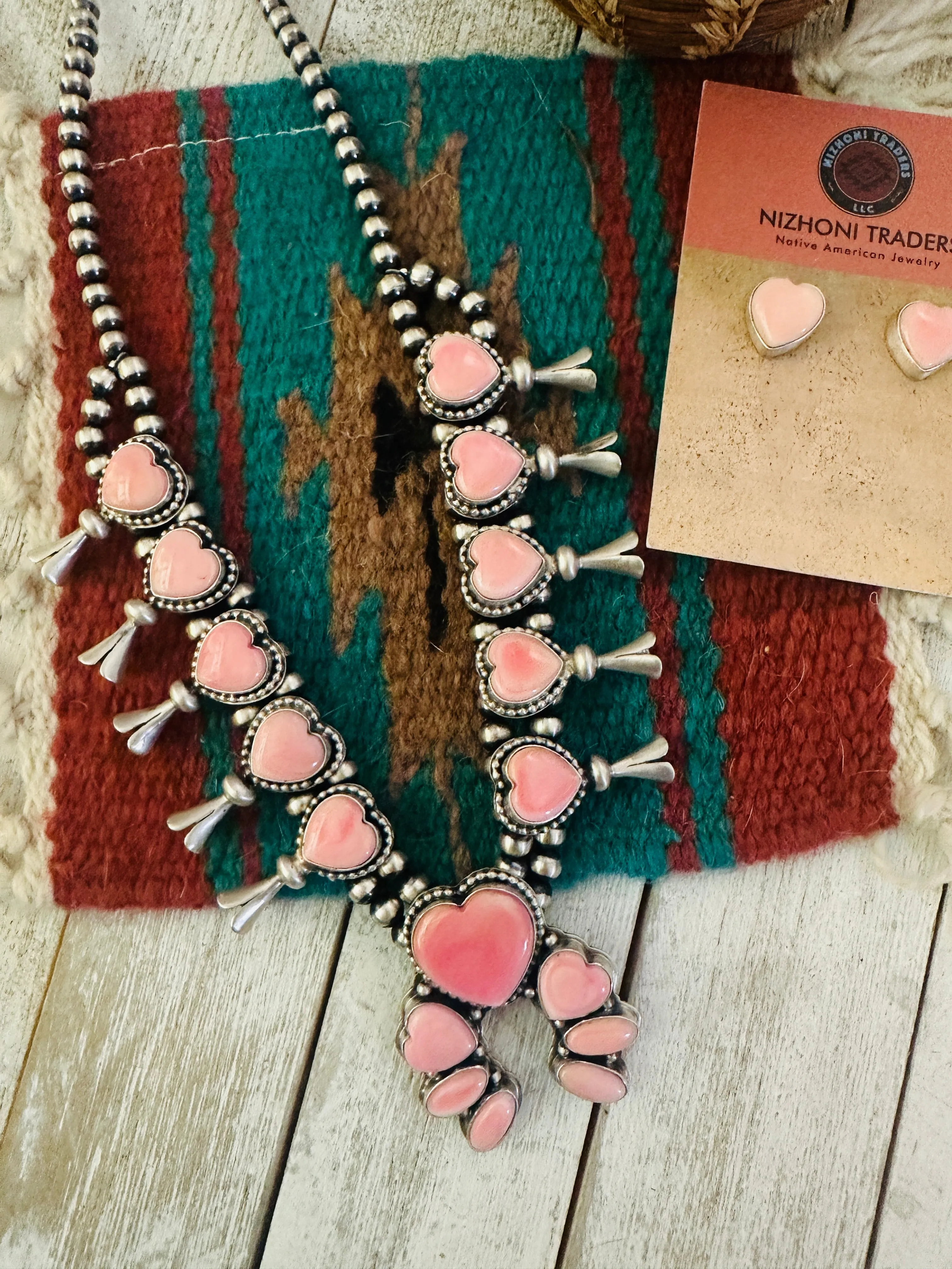 Navajo Sterling Silver & Queen Pink Conch Squash Blossom Necklace Set