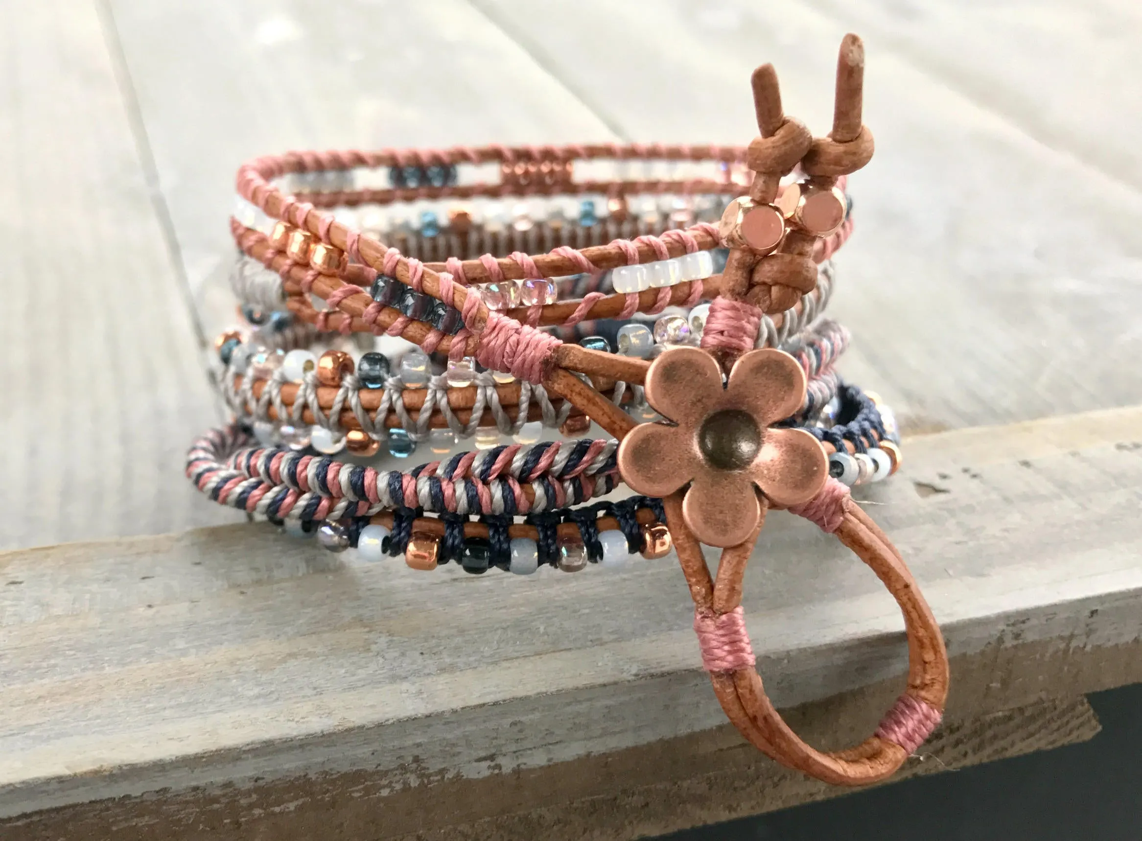 Navy Gray Blush and Copper Textured 5x Beaded Wrap Bracelet