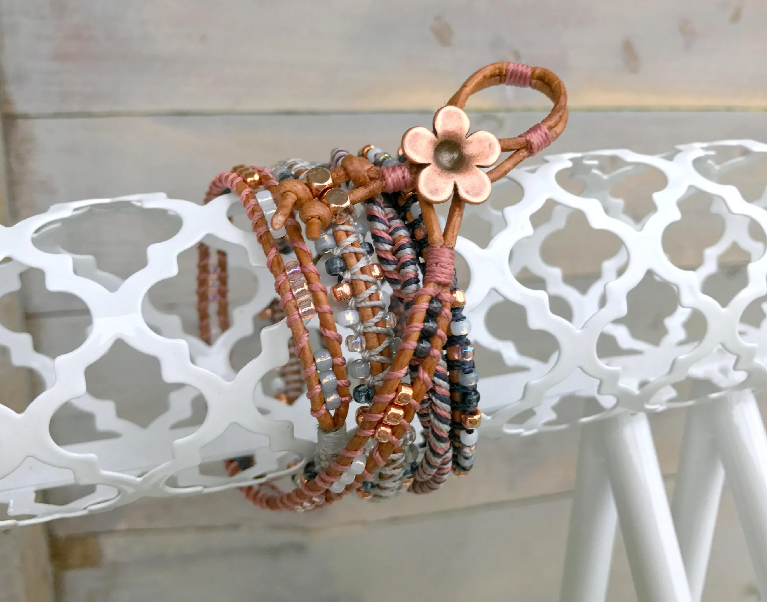 Navy Gray Blush and Copper Textured 5x Beaded Wrap Bracelet