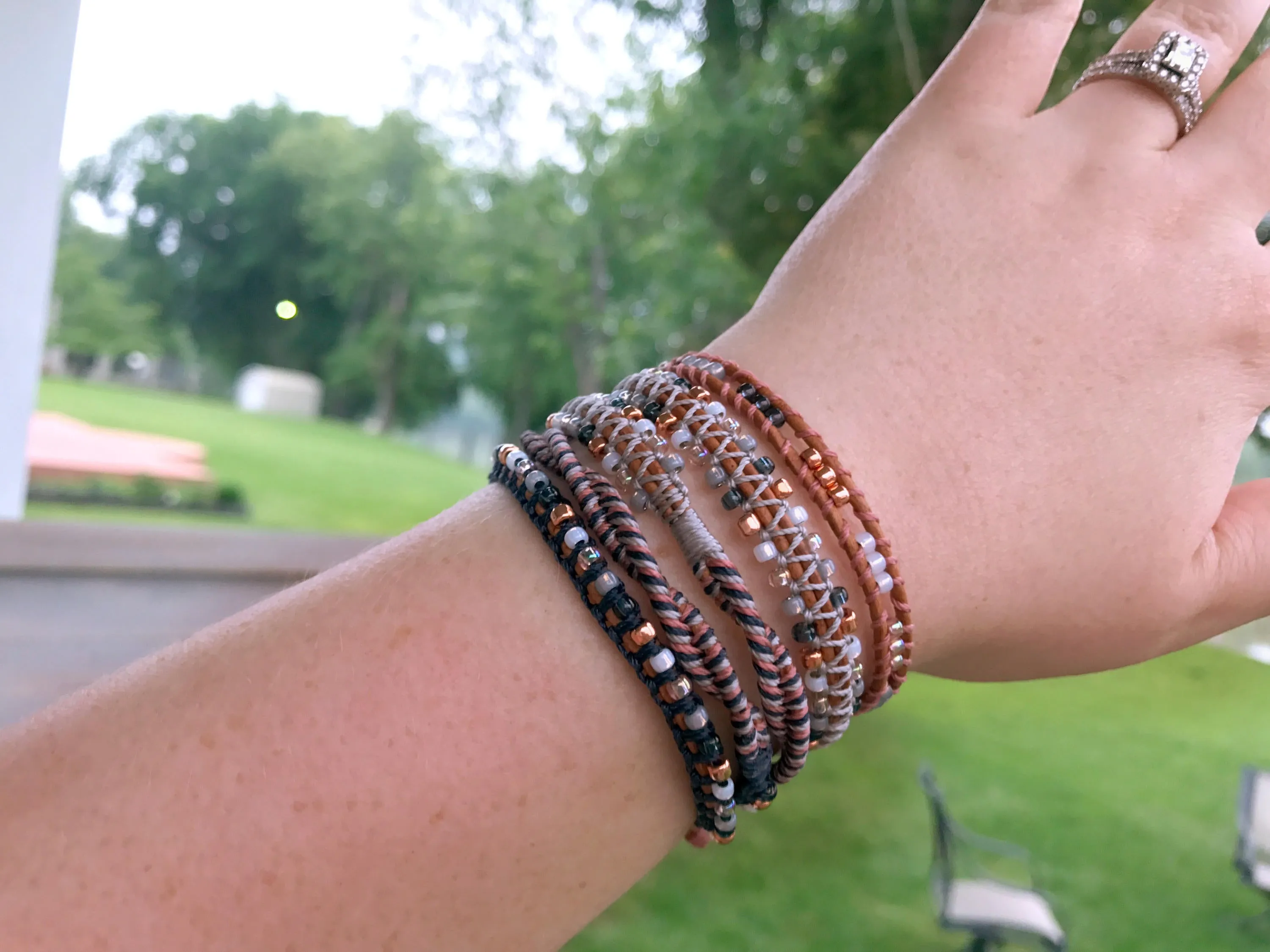 Navy Gray Blush and Copper Textured 5x Beaded Wrap Bracelet