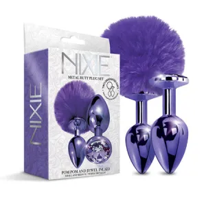 Nixie Metal Butt Plug Set w/Jewel Inlaid & Pom Pom - Purple Metallic