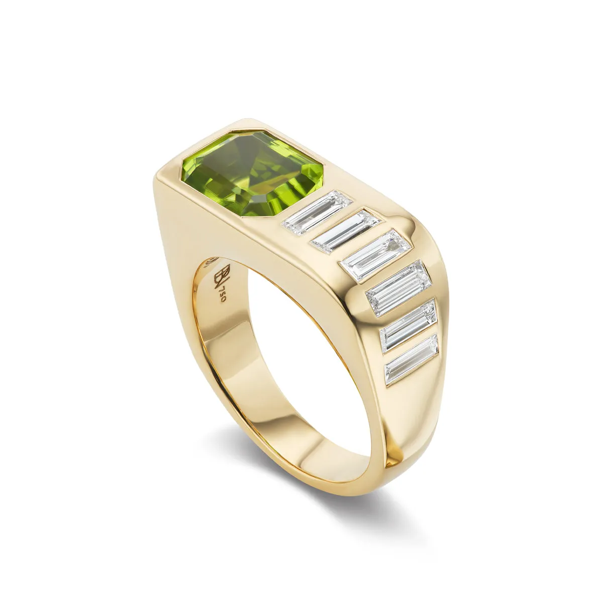 One-of-a-Kind BNS Waterfall Ring with Emerald-Cut Peridot and Diamond Baguettes